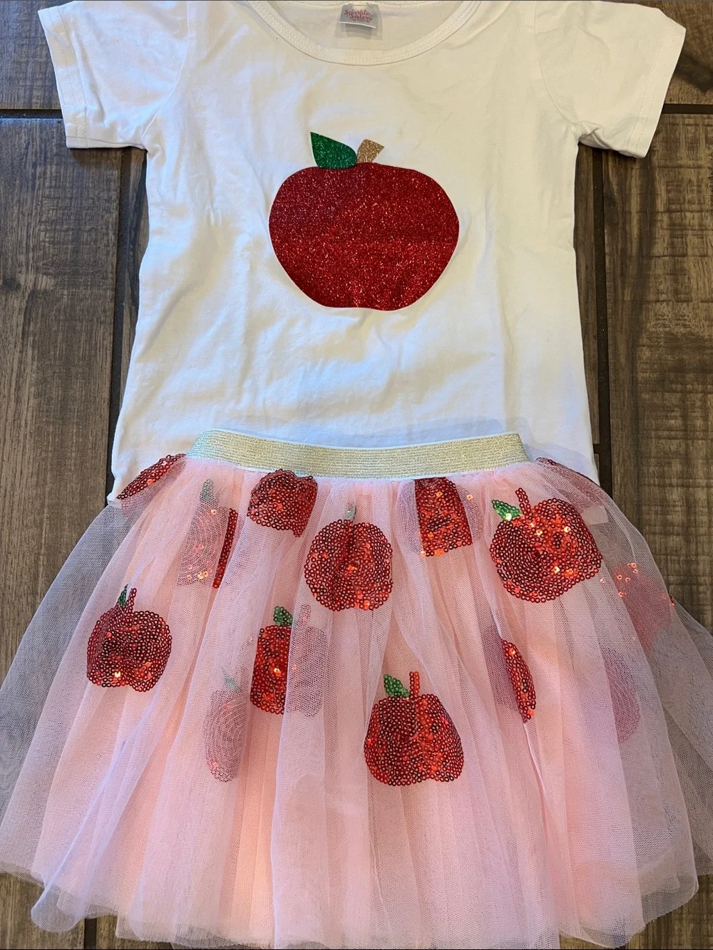 Girls White & Pink Apple Tutu Set with Red Glitter Apples